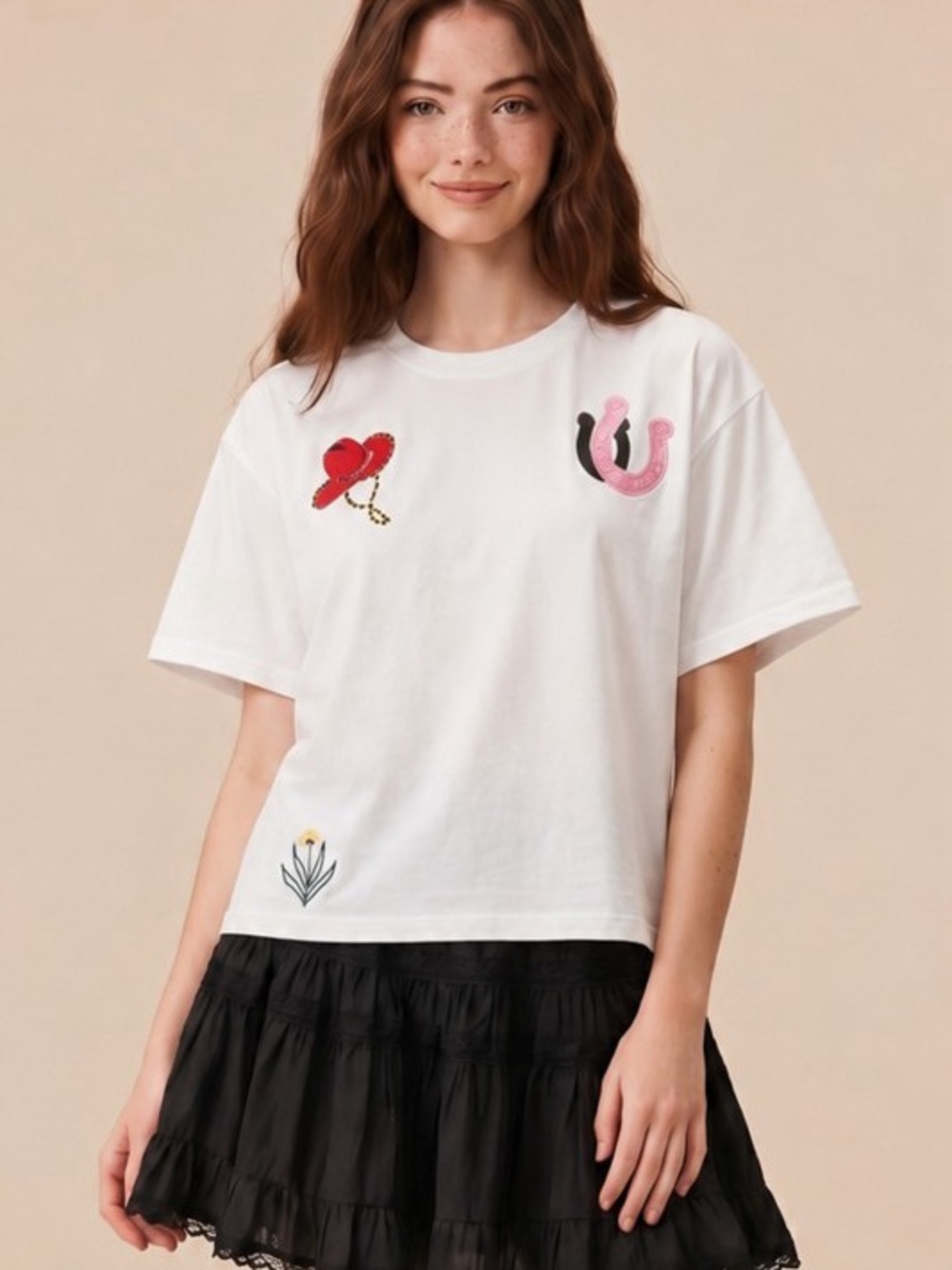 White Embroidered Graphic Tee - Womens